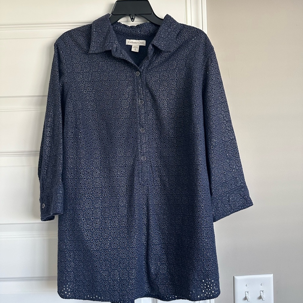 Coldwater Creek Navy Floral Eyelet Top